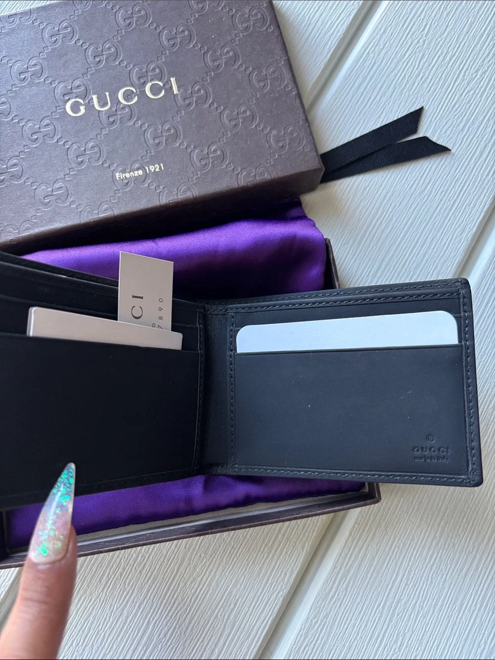 Gucci Black Embossed GG Leather Bi-Fold Wallet with Green-Red Web